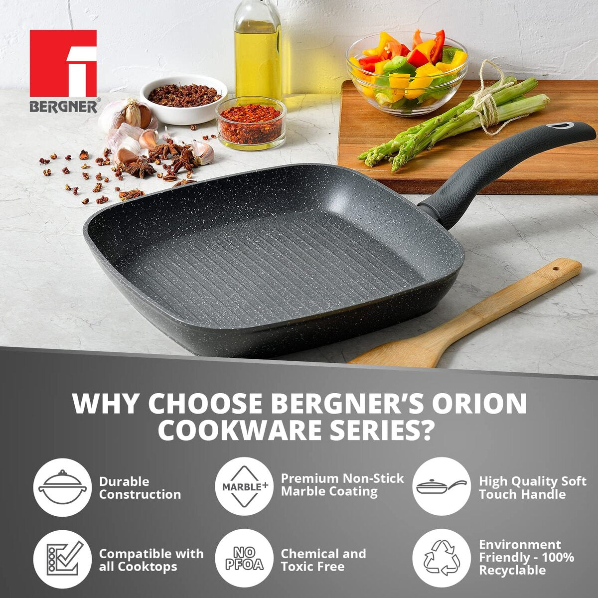 Bergner Orion Non Stick 28 cm Grill Pan/ Griddle, Textured Soft Touch Handle, Granite Finish - Induction Bottom (1 Year Warranty)