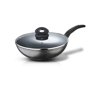 Bergner Orion Non Stick 28cm (3.3 Liters) Chinese Wok with Glass Lid, Textured Soft Touch Handle, Granite Finish - Induction Bottom (1 Year Warranty)