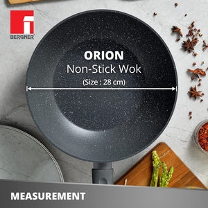 Bergner Orion Non Stick 28cm (3.3 Liters) Chinese Wok with Glass Lid, Textured Soft Touch Handle, Granite Finish - Induction Bottom (1 Year Warranty)