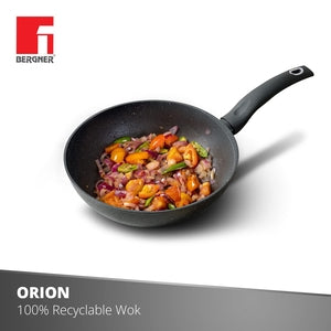 Bergner Orion Non Stick 28cm (3.3 Liters) Chinese Wok with Glass Lid, Textured Soft Touch Handle, Granite Finish - Induction Bottom (1 Year Warranty)