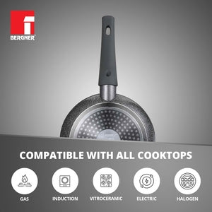 Bergner Orion Non Stick 28cm (3.3 Liters) Chinese Wok with Glass Lid, Textured Soft Touch Handle, Granite Finish - Induction Bottom (1 Year Warranty)