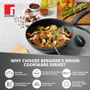 Bergner Orion Non Stick 28cm (3.3 Liters) Chinese Wok with Glass Lid, Textured Soft Touch Handle, Granite Finish - Induction Bottom (1 Year Warranty)