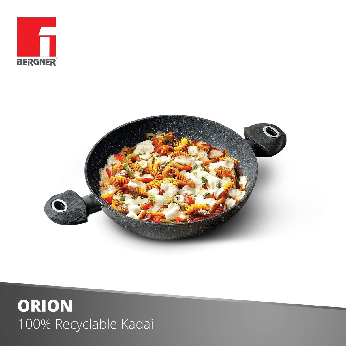 Bergner Orion Marble Non-Stick 28cm Kadai with Glass Lid - Induction Bottom (1 Year Warranty)