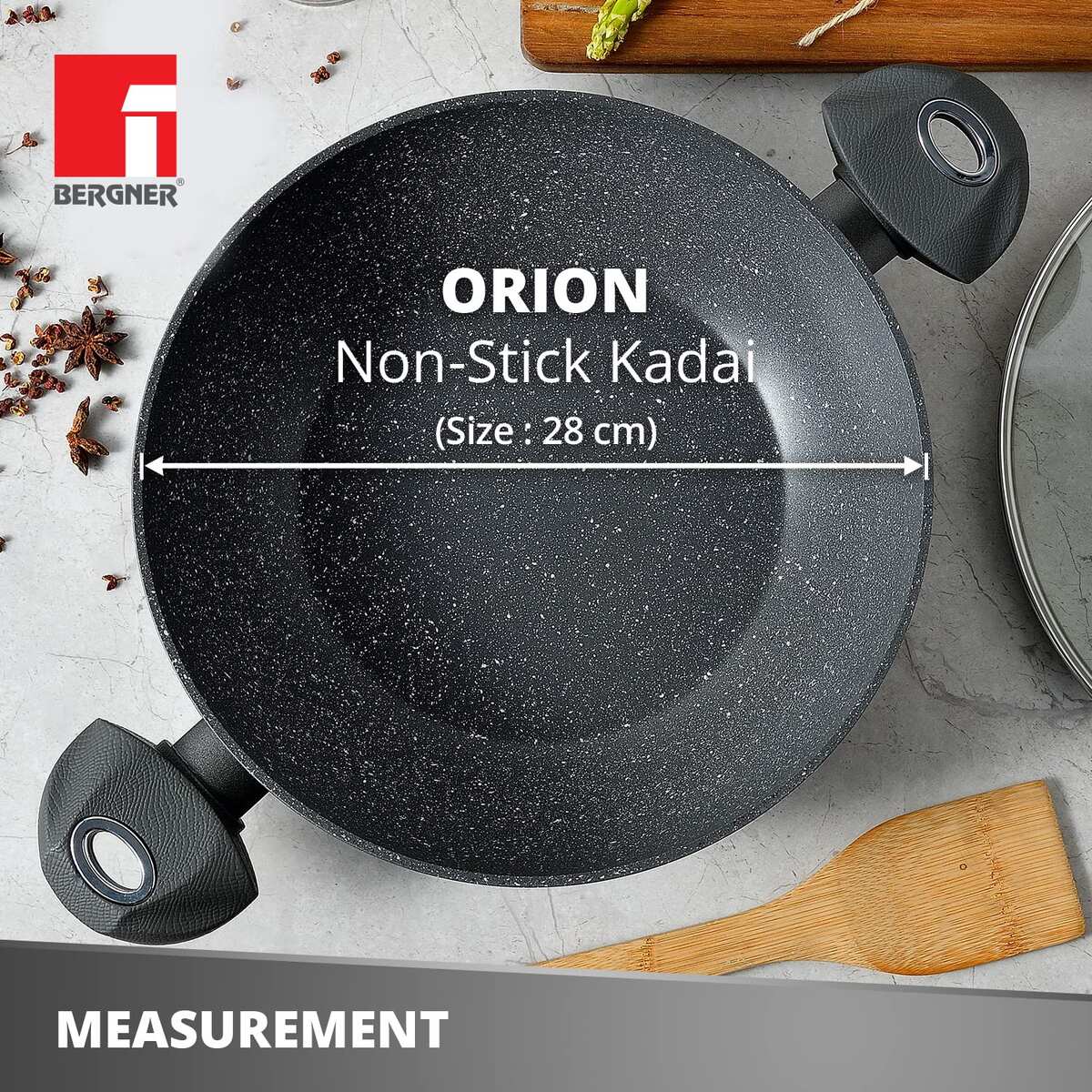 Bergner Orion Marble Non-Stick 28cm Kadai with Glass Lid - Induction Bottom (1 Year Warranty)