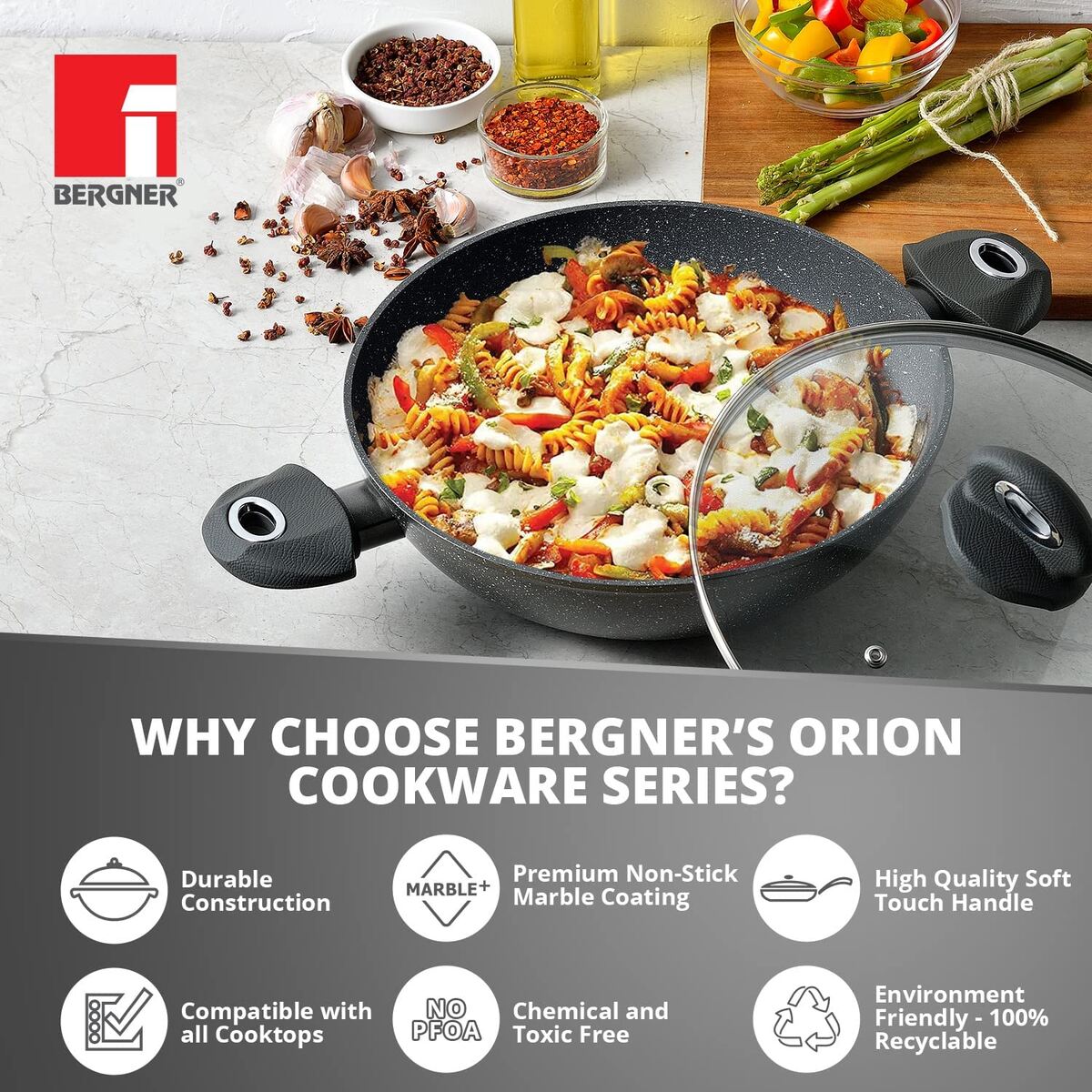 Bergner Orion Marble Non-Stick 28cm Kadai with Glass Lid - Induction Bottom (1 Year Warranty)