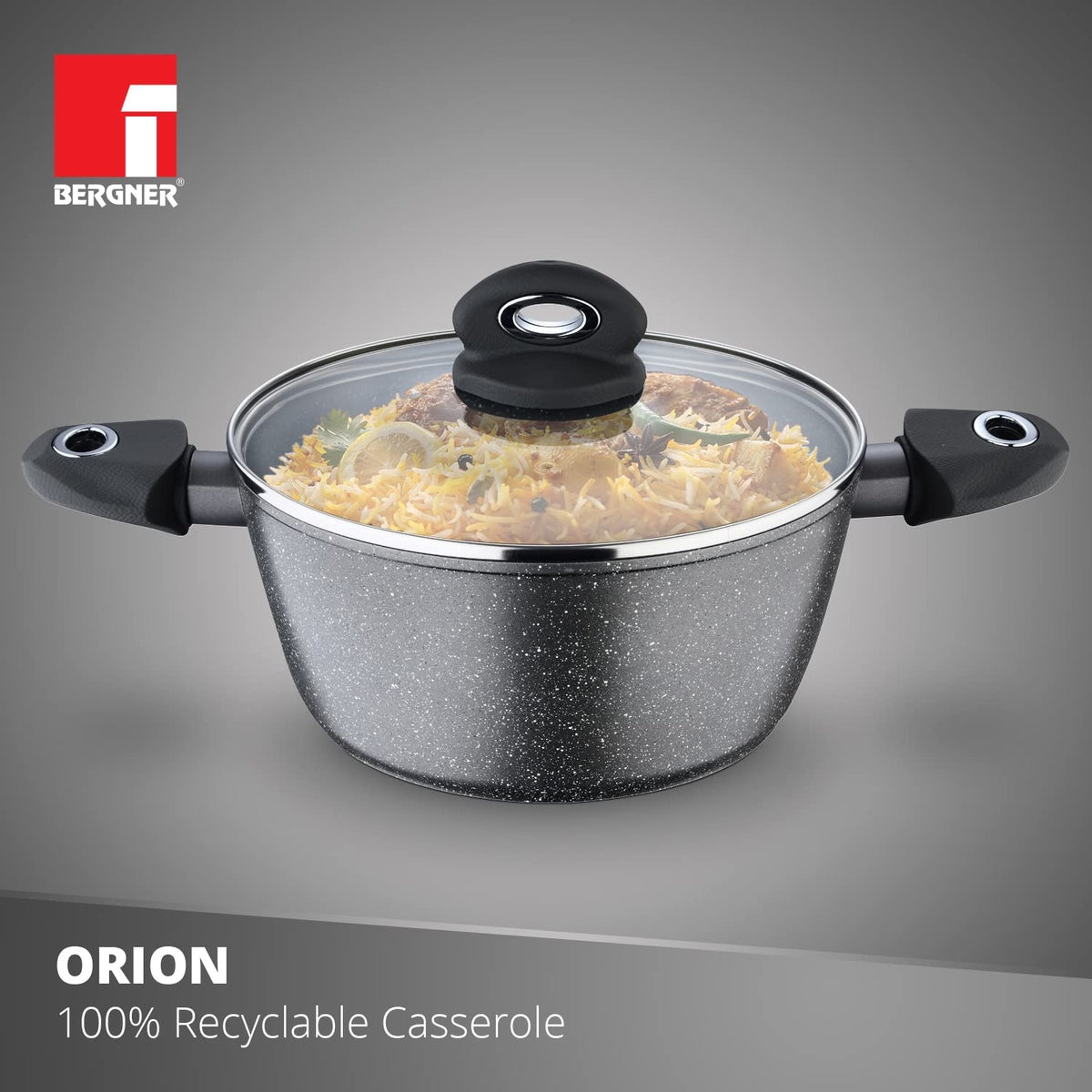 Bergner Orion Marble Non Stick 24cm (3.9 Liters) Casserole / Briyani Pot / Handi with Glass Lid - Induction Bottom (1 Year Warranty)