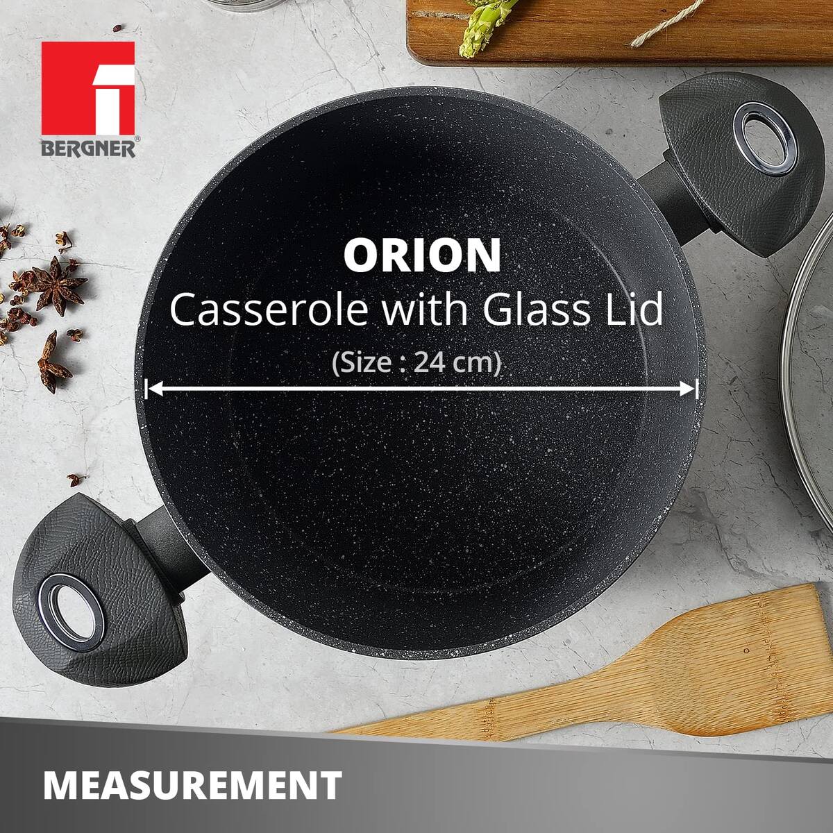 Bergner Orion Marble Non Stick 24cm (3.9 Liters) Casserole / Briyani Pot / Handi with Glass Lid - Induction Bottom (1 Year Warranty)