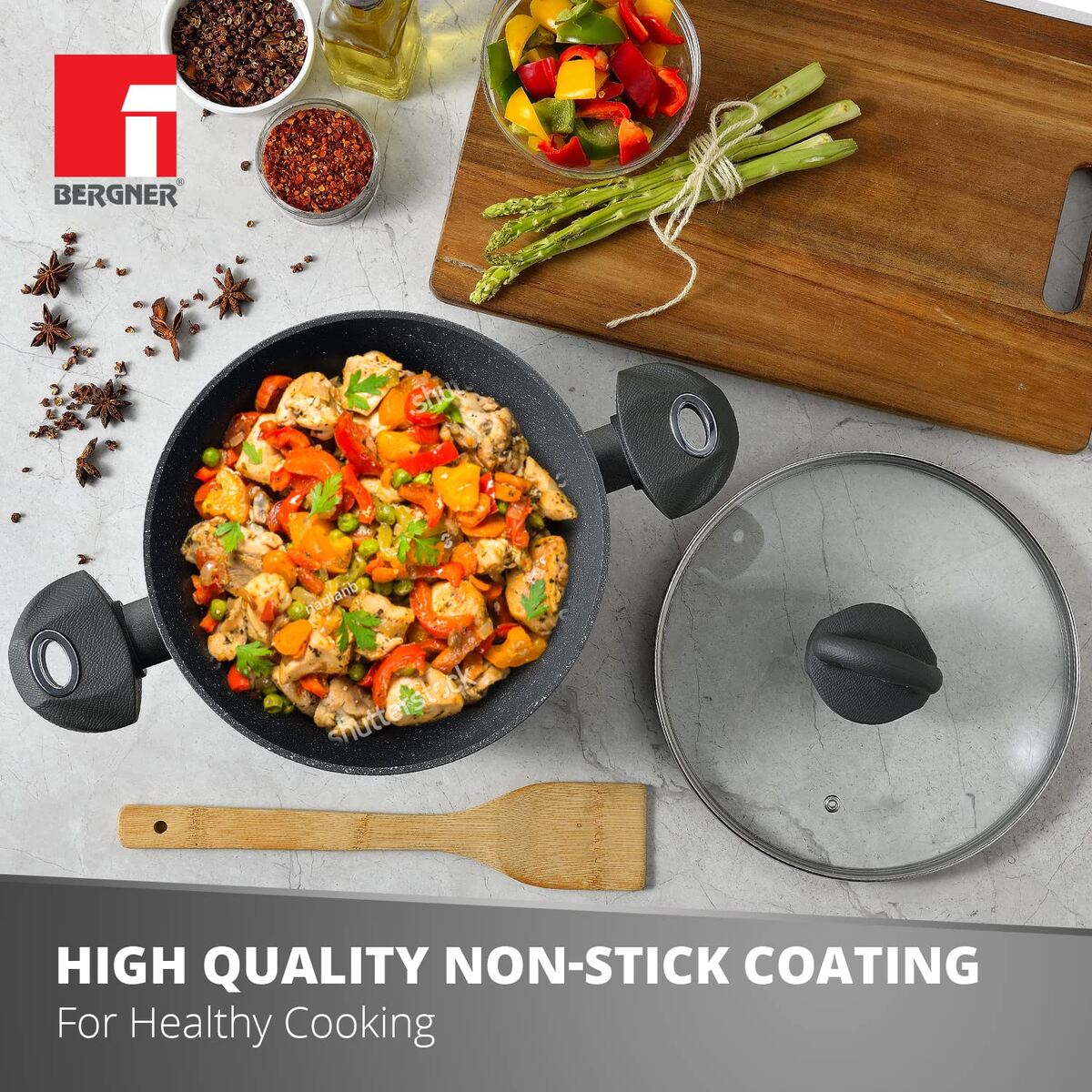 Bergner Orion Marble Non Stick 24cm (3.9 Liters) Casserole / Briyani Pot / Handi with Glass Lid - Induction Bottom (1 Year Warranty)