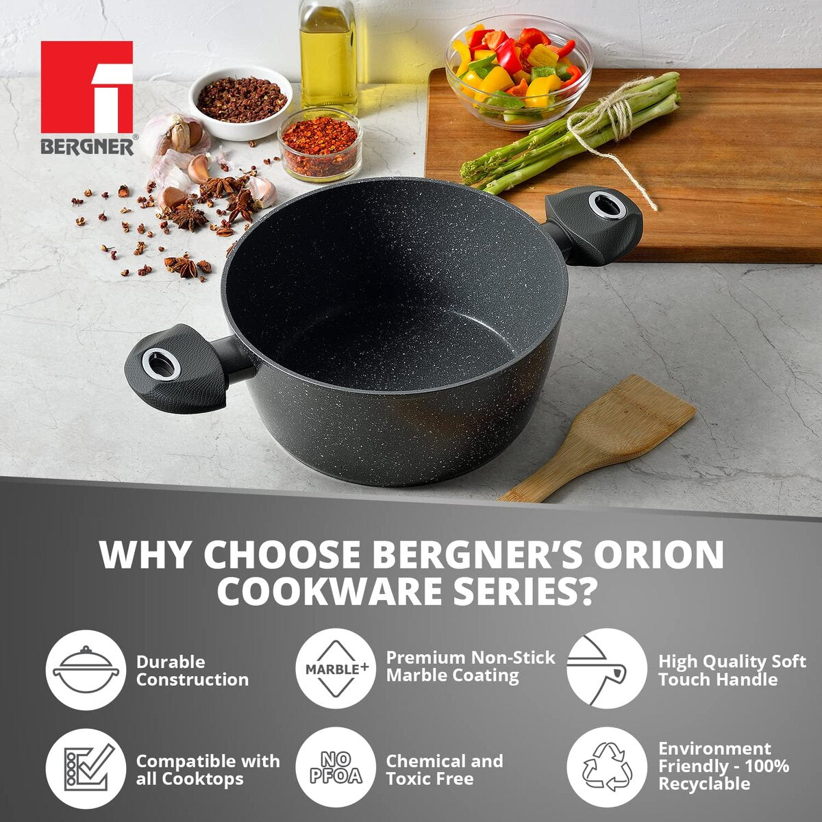 Bergner Orion Marble Non Stick 24cm (3.9 Liters) Casserole / Briyani Pot / Handi with Glass Lid - Induction Bottom (1 Year Warranty)