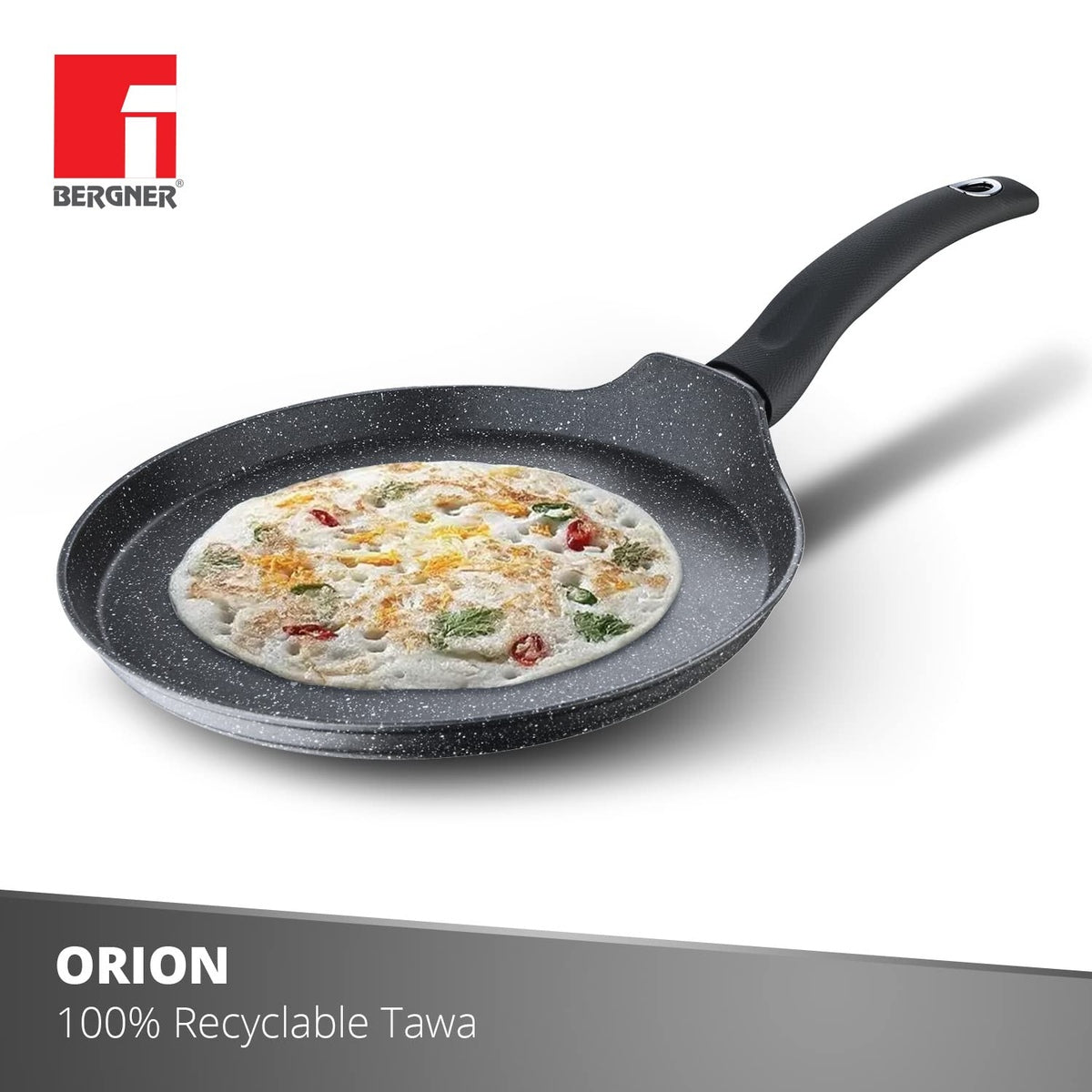 Bergner Orion Non-Stick 28cm Tawa/Dosa Pan, Textured Soft Touch Handle, Granite Finish - Induction Bottom (1 Year Warranty)