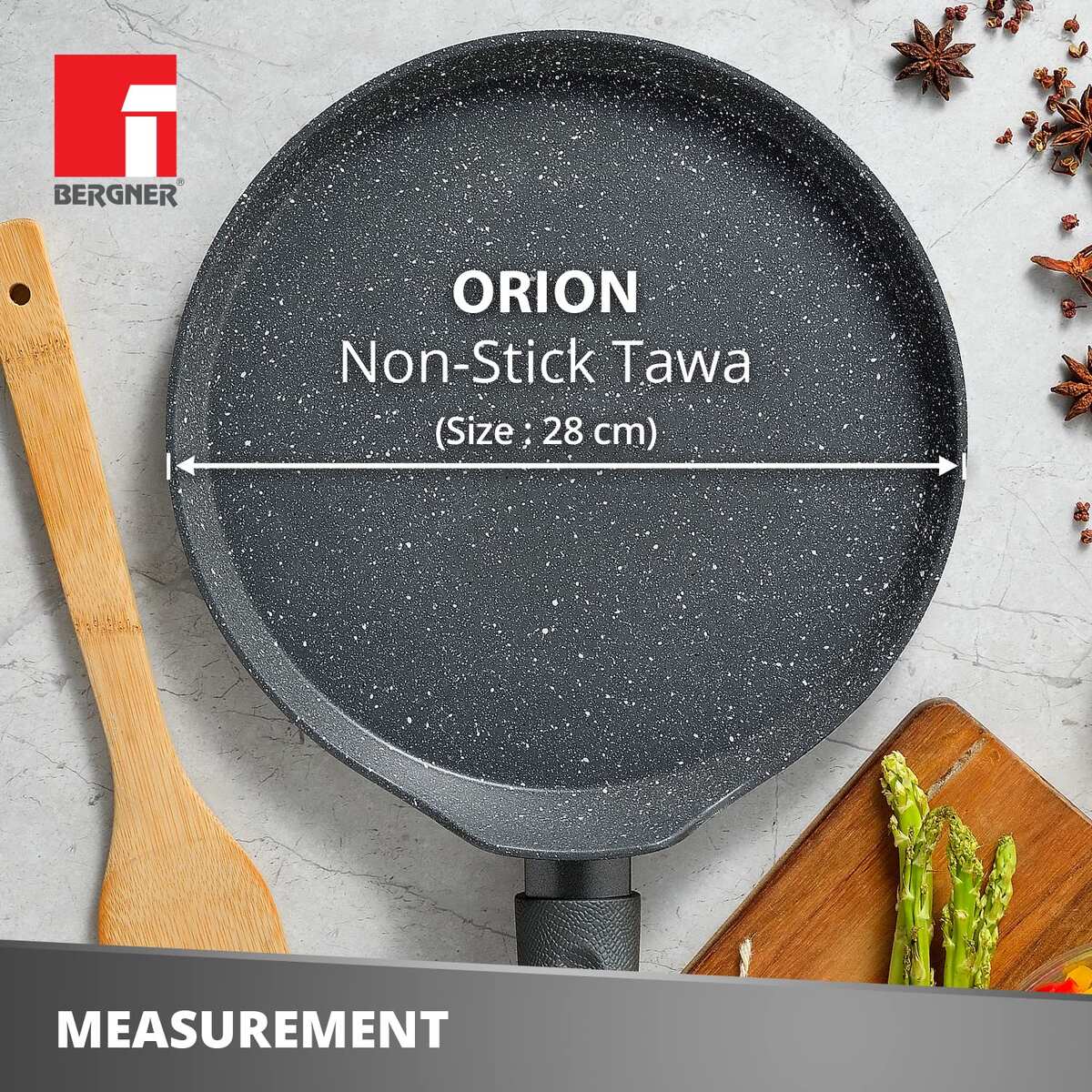 Bergner Orion Non-Stick 28cm Tawa/Dosa Pan, Textured Soft Touch Handle, Granite Finish - Induction Bottom (1 Year Warranty)