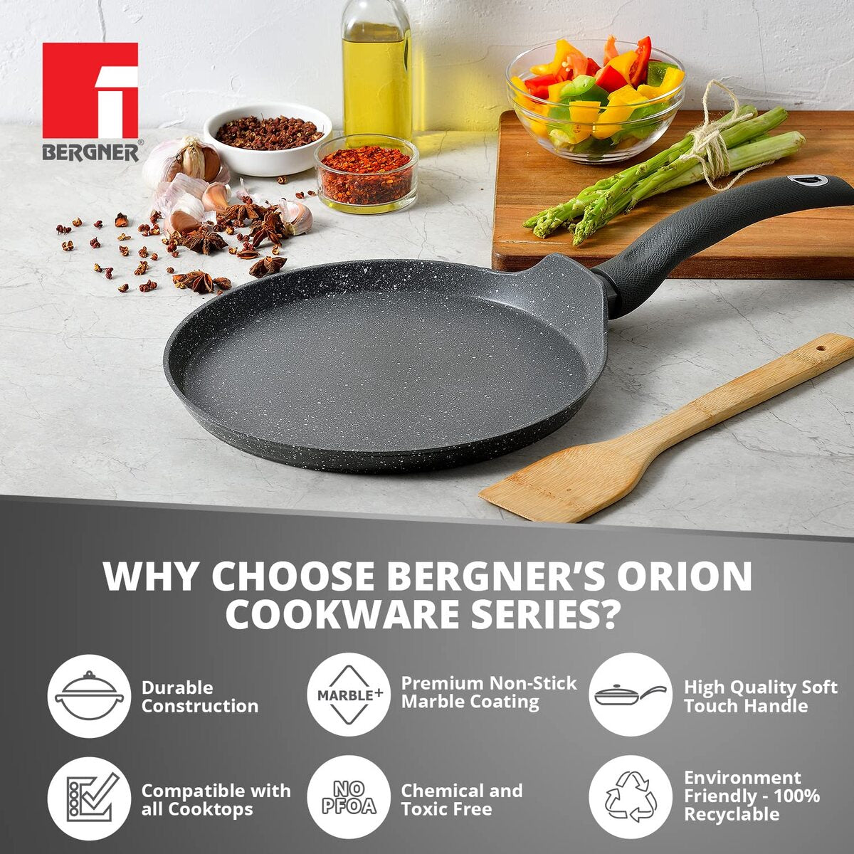 Bergner Orion Non-Stick 28cm Tawa/Dosa Pan, Textured Soft Touch Handle, Granite Finish - Induction Bottom (1 Year Warranty)