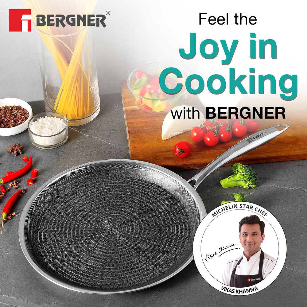 Bergner Hitech Tri-Ply Stainless Steel Non-Stick Dosa Tawa 32cm, PFAS-free, Eterna coating - Induction Bottom