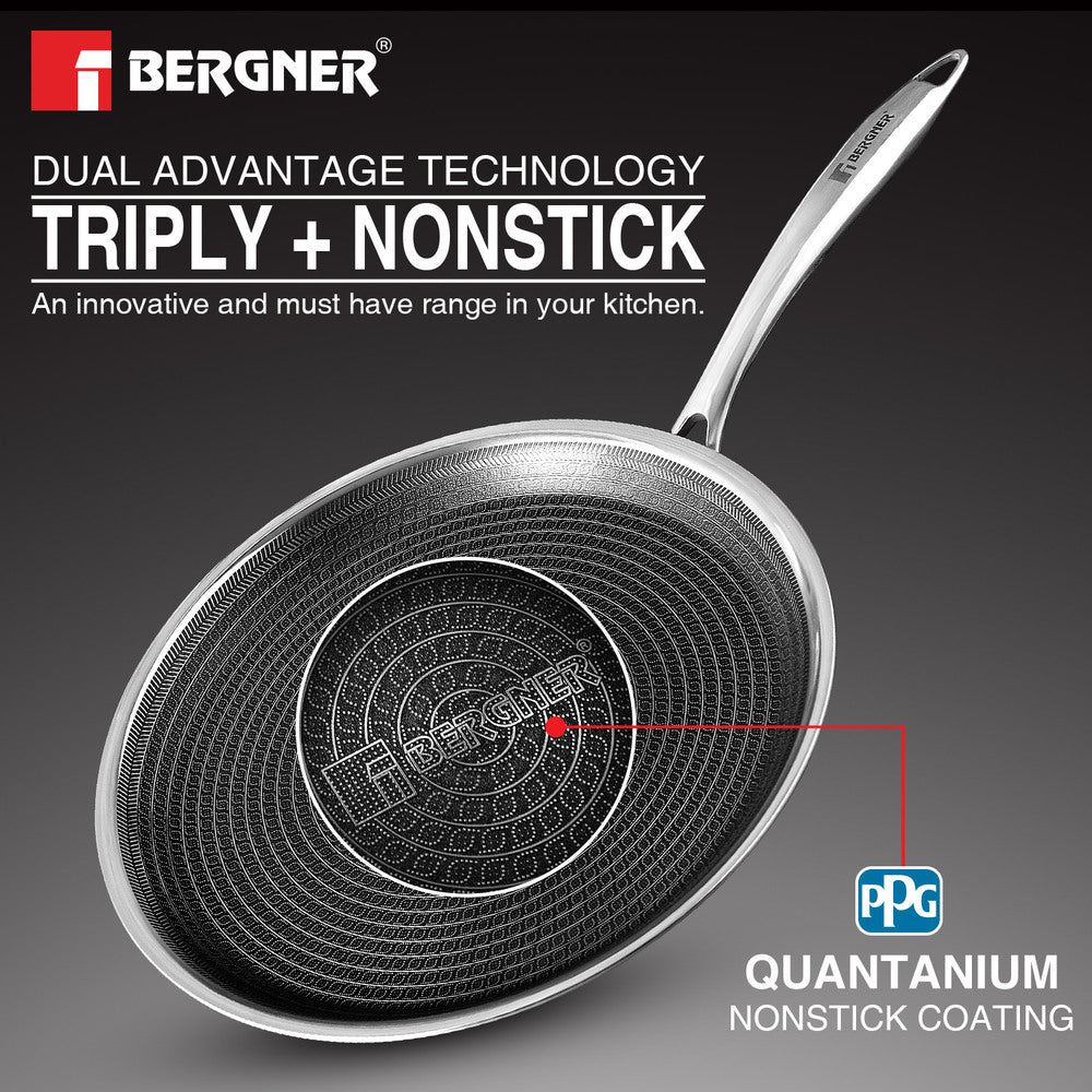 Bergner Hitech Tri-Ply Stainless Steel Non-Stick Dosa Tawa 32cm, PFAS-free, Eterna coating - Induction Bottom