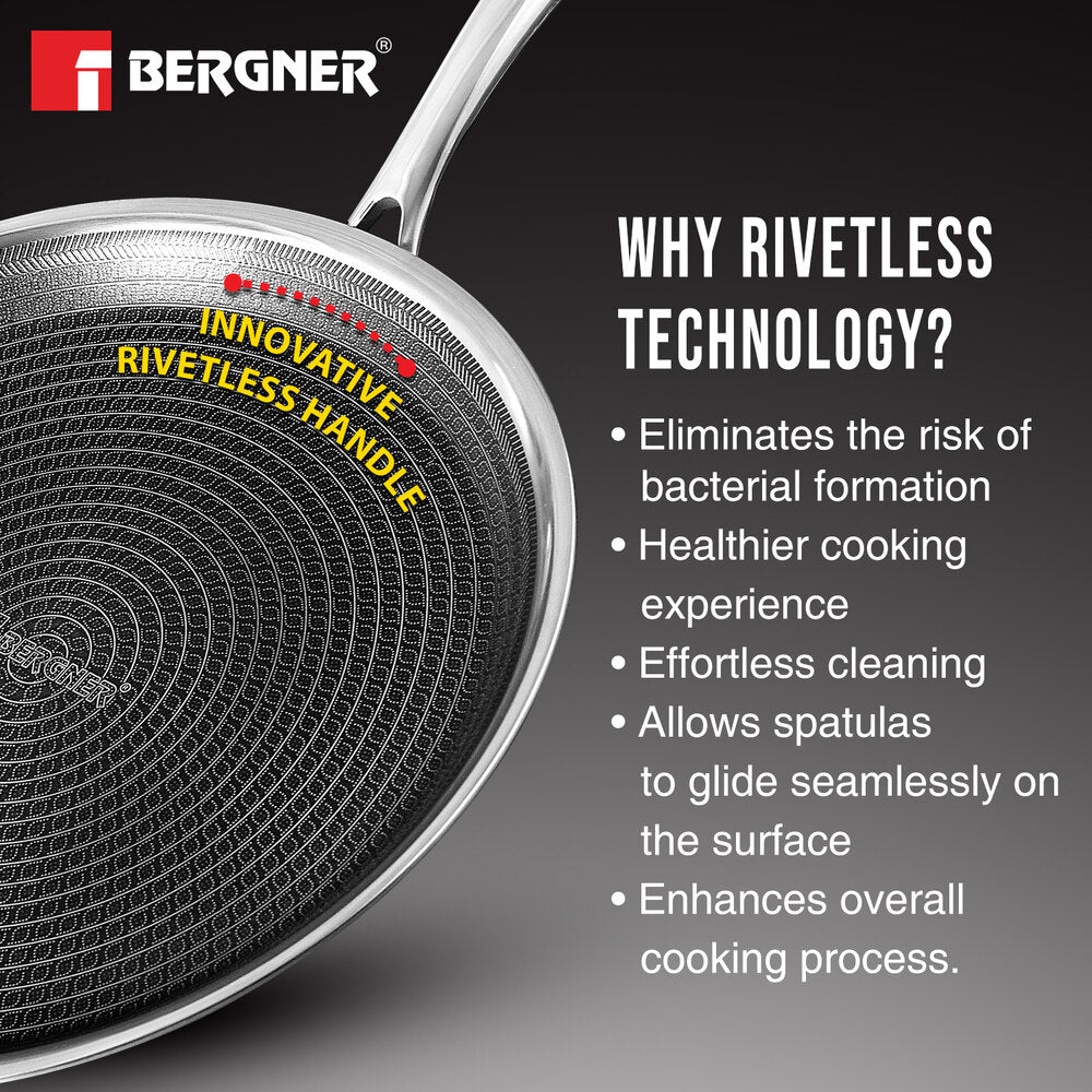 Bergner Hitech Tri-Ply Stainless Steel Non-Stick Dosa Tawa 32cm, PFAS-free, Eterna coating - Induction Bottom