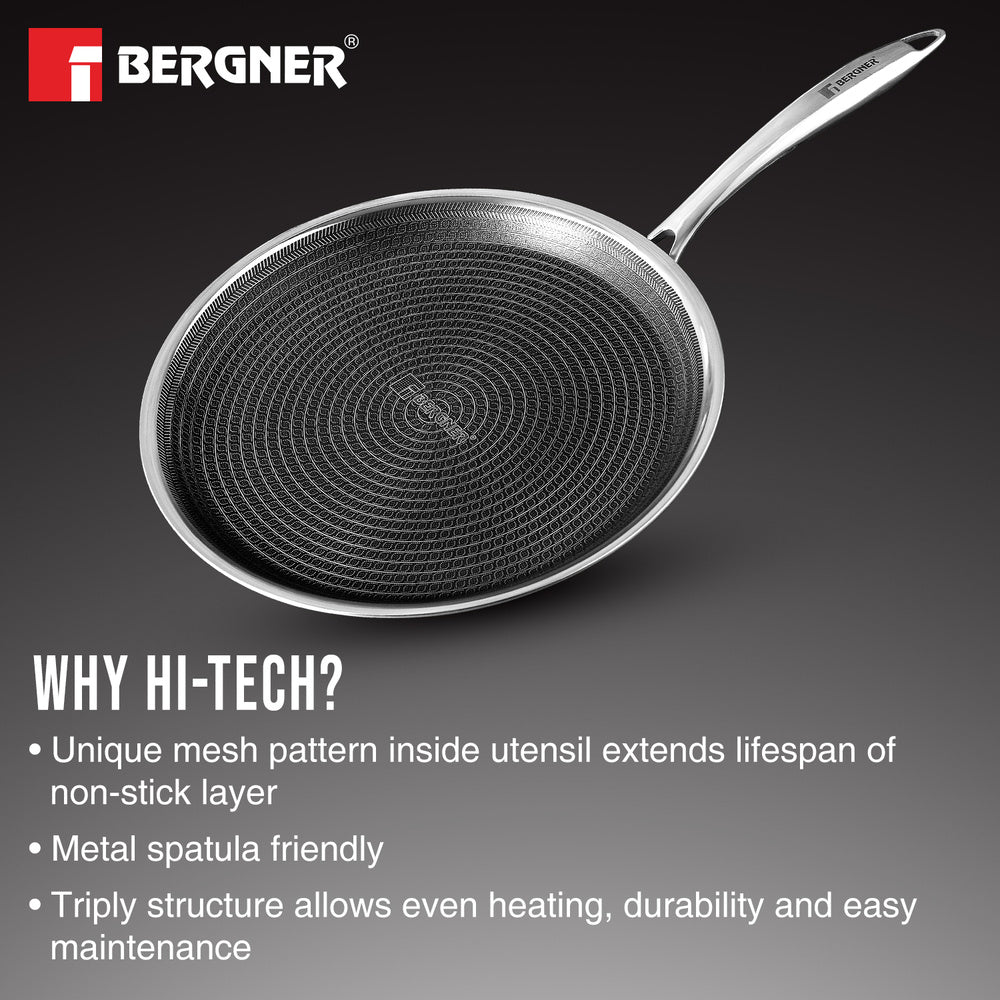 Bergner Hitech Tri-Ply Stainless Steel Non-Stick Dosa Tawa 32cm, PFAS-free, Eterna coating - Induction Bottom