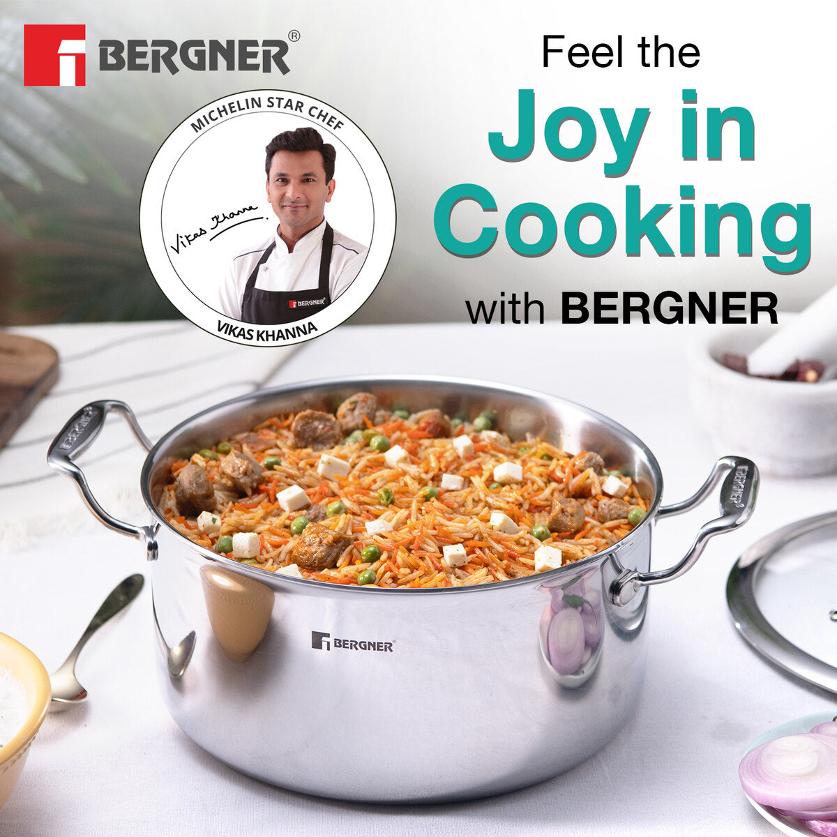 Bergner Hitech Tri-Ply Stainless Steel Non-Stick Casserole with Lid, PFOA-free, ILag Coating - Induction Bottom