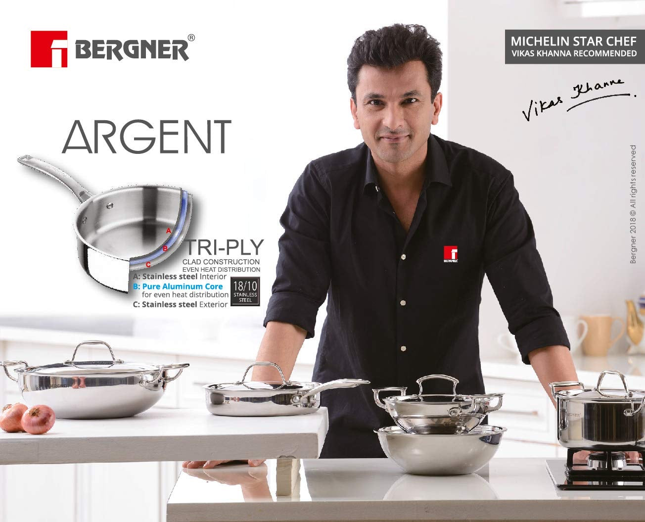 Bergner Argent TriPly Stainless Steel 12cm (500 ml) Tadka Pan - Induction Bottom (5-Year Warranty)