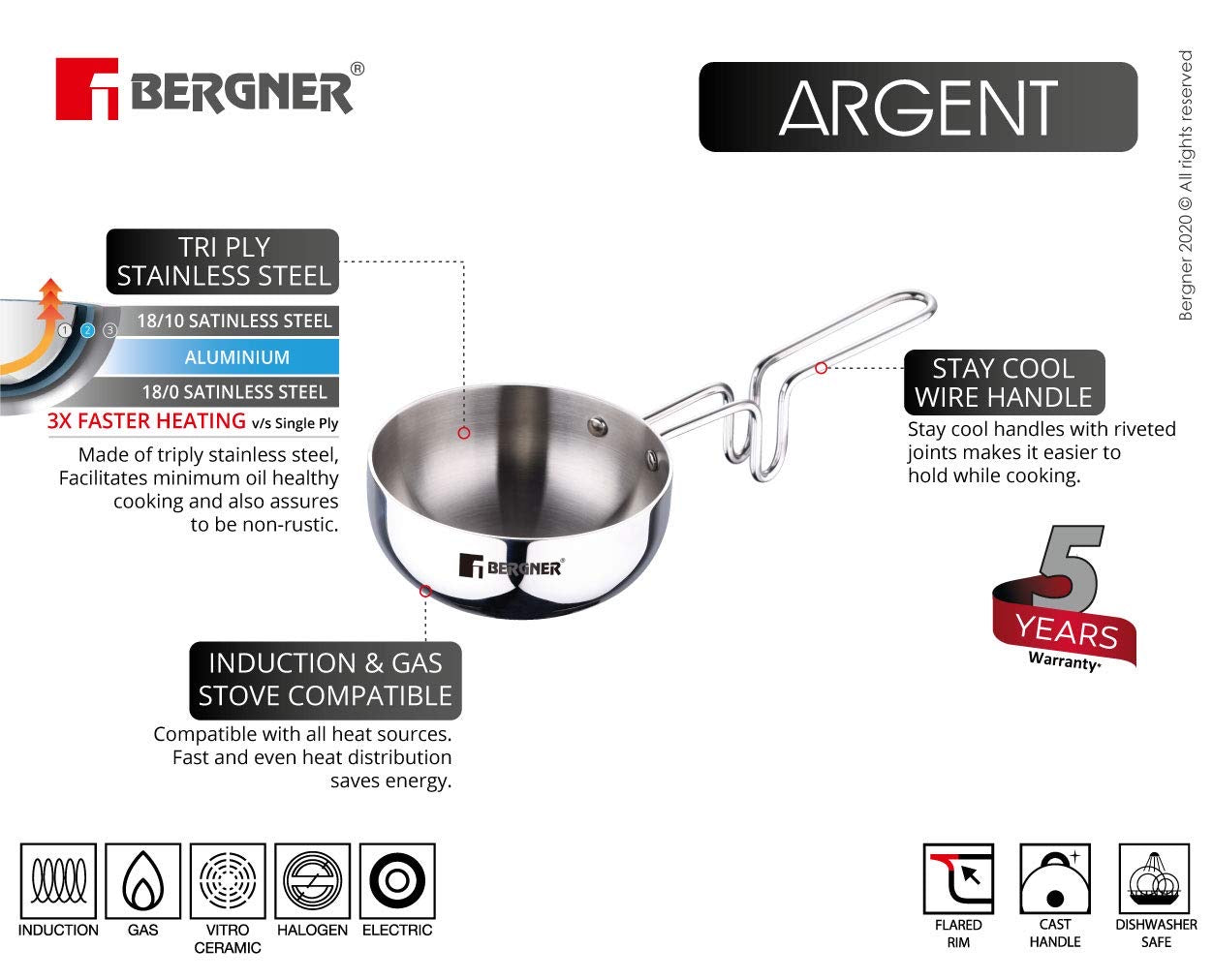 Bergner Argent TriPly Stainless Steel 12cm (500 ml) Tadka Pan - Induction Bottom (5-Year Warranty)