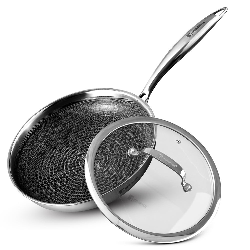 Bergner Hitech Tri-Ply Stainless Steel Non-Stick Frypan with Lid, PFOA-free, ILag Coating - Induction Bottom