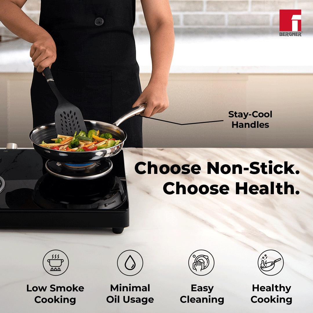 Bergner Hitech Triply Stainless Steel Non-Stick Frypan with Lid - Induction Bottom