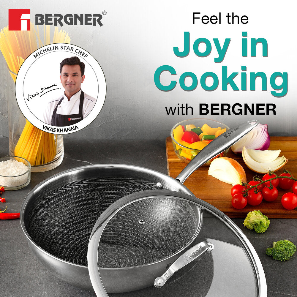 Bergner Hitech Tri-Ply Stainless Steel Non-Stick Wok Lid, PFOA-free, ILag Coating - Induction Bottom