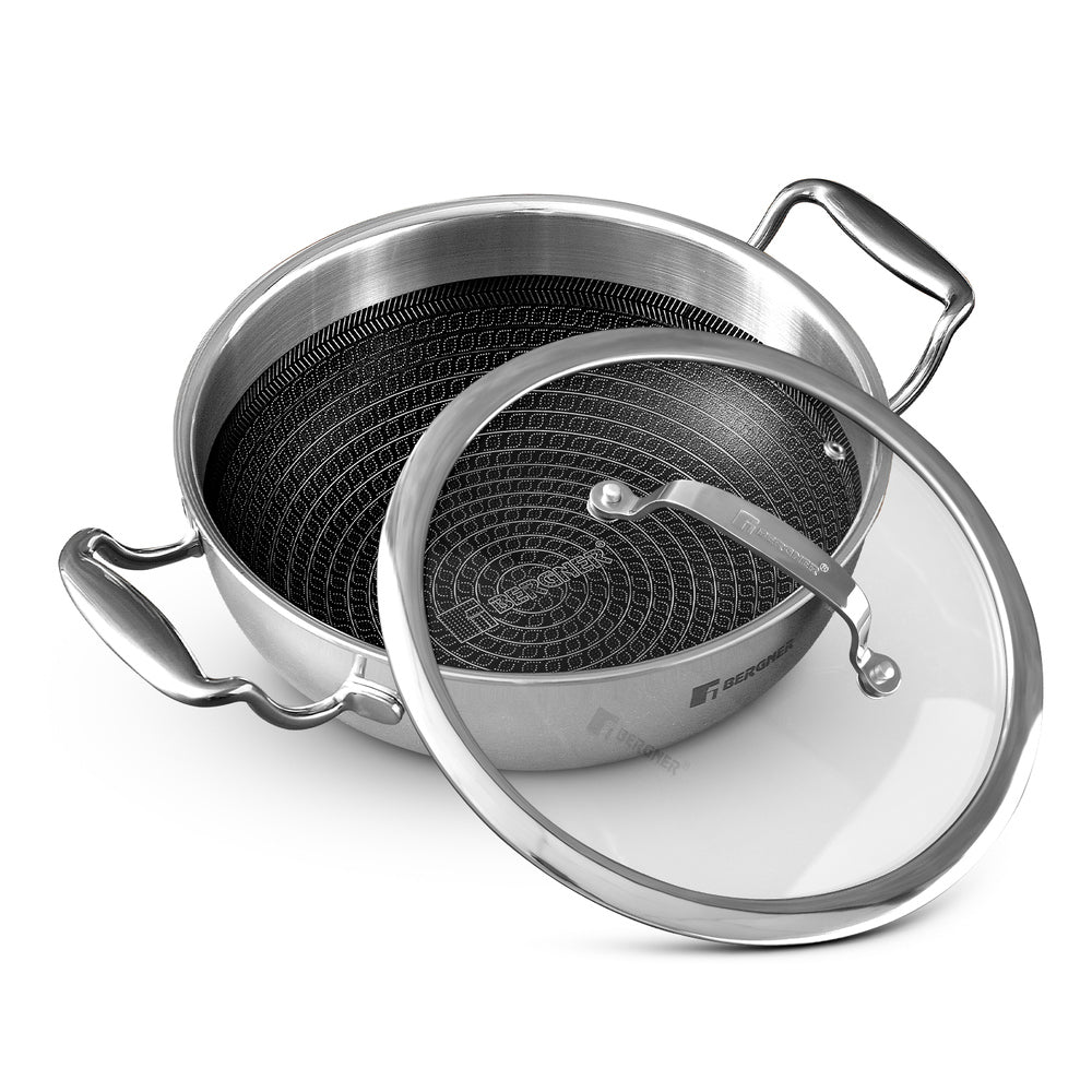 Bergner Hitech Tri-Ply Stainless Steel Non-Stick Kadhai with Lid, PFOA-free, ILag Coating - Induction Bottom