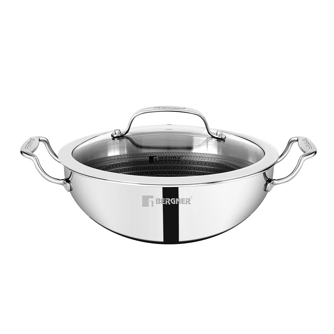 Bergner Hitech Triply Stainless Steel Non-Stick Kadhai with Lid - Induction Bottom