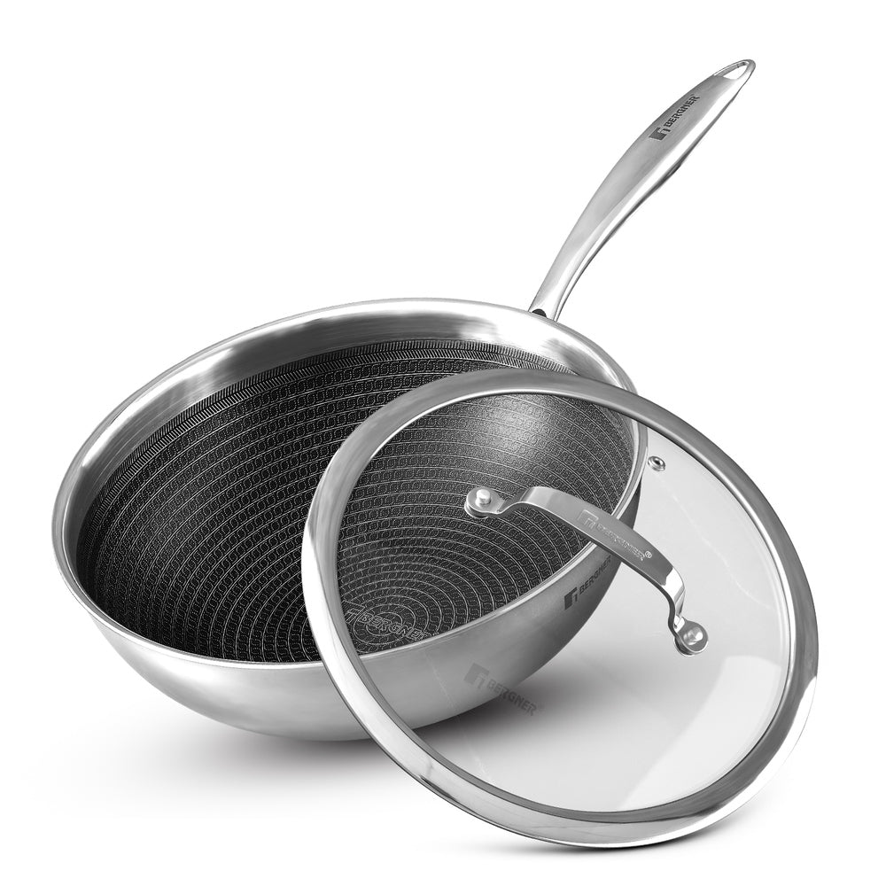 Bergner Hitech Tri-Ply Stainless Steel Non-Stick Wok with Lid, PFOA-free, ILag Coating - Induction Bottom