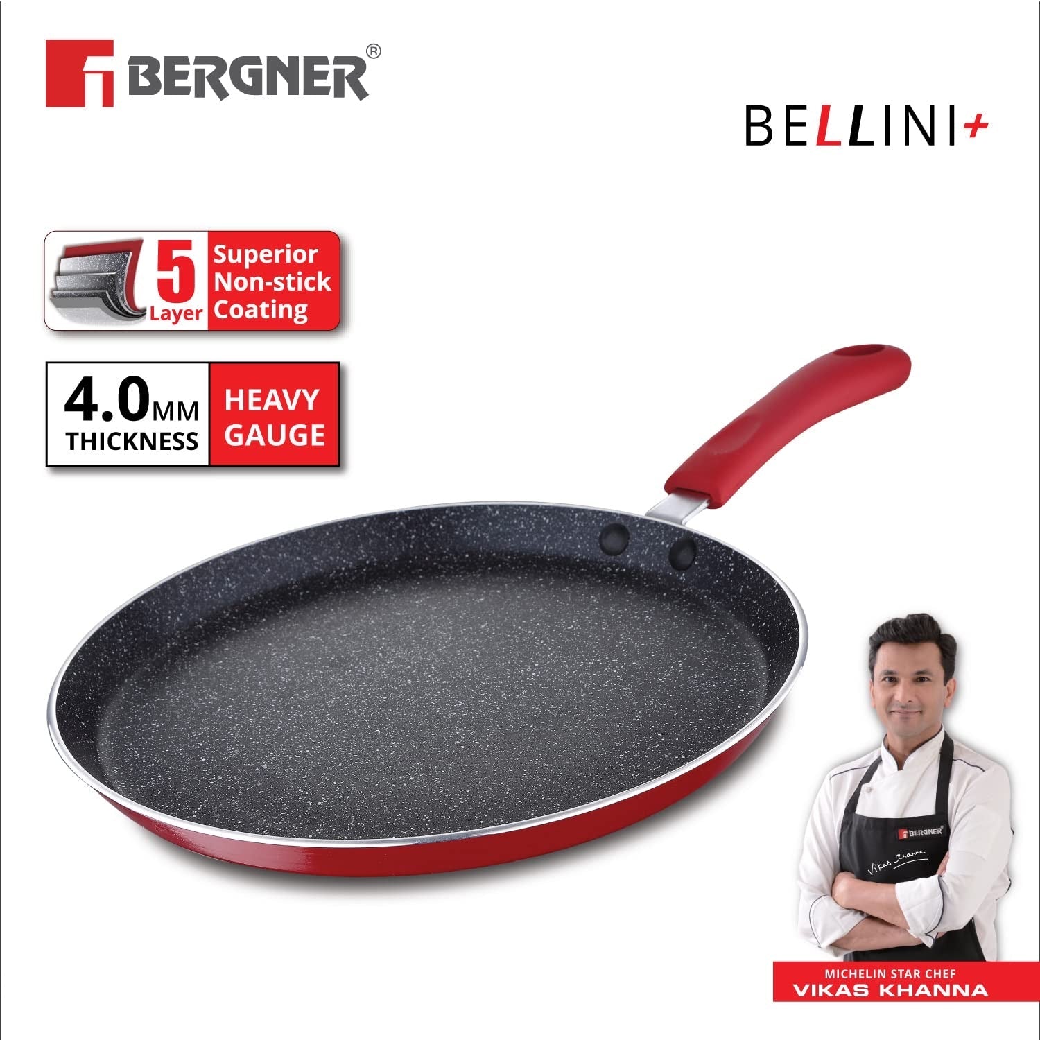 Bergner Bellini Plus 5-Layer Non-Stick 26cm Dosa Tawa, Thickness 4mm - Induction Base