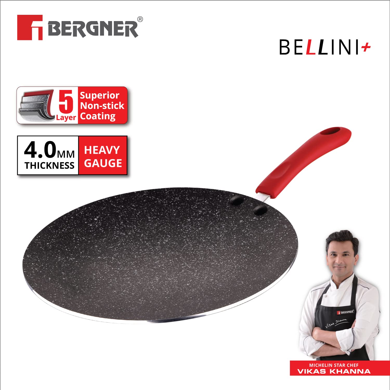 Bergner Bellini Plus 5-Layer Non-Stick 28cm Concave Tawa - Induction Bottom (Red)