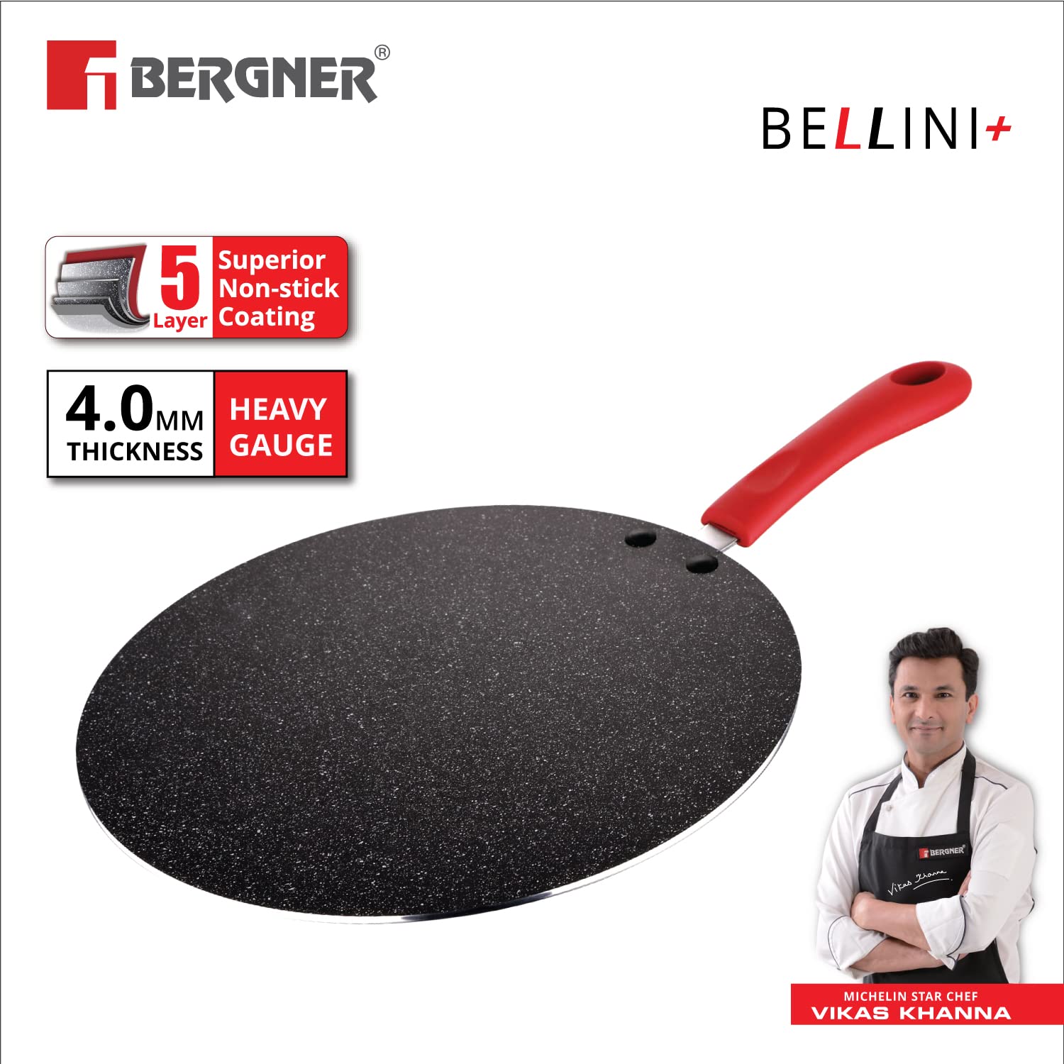 Bergner Bellini Plus 5-Layer Non-Stick 28 cm Flat Tawa, Thickness 4mm - Induction Bottom