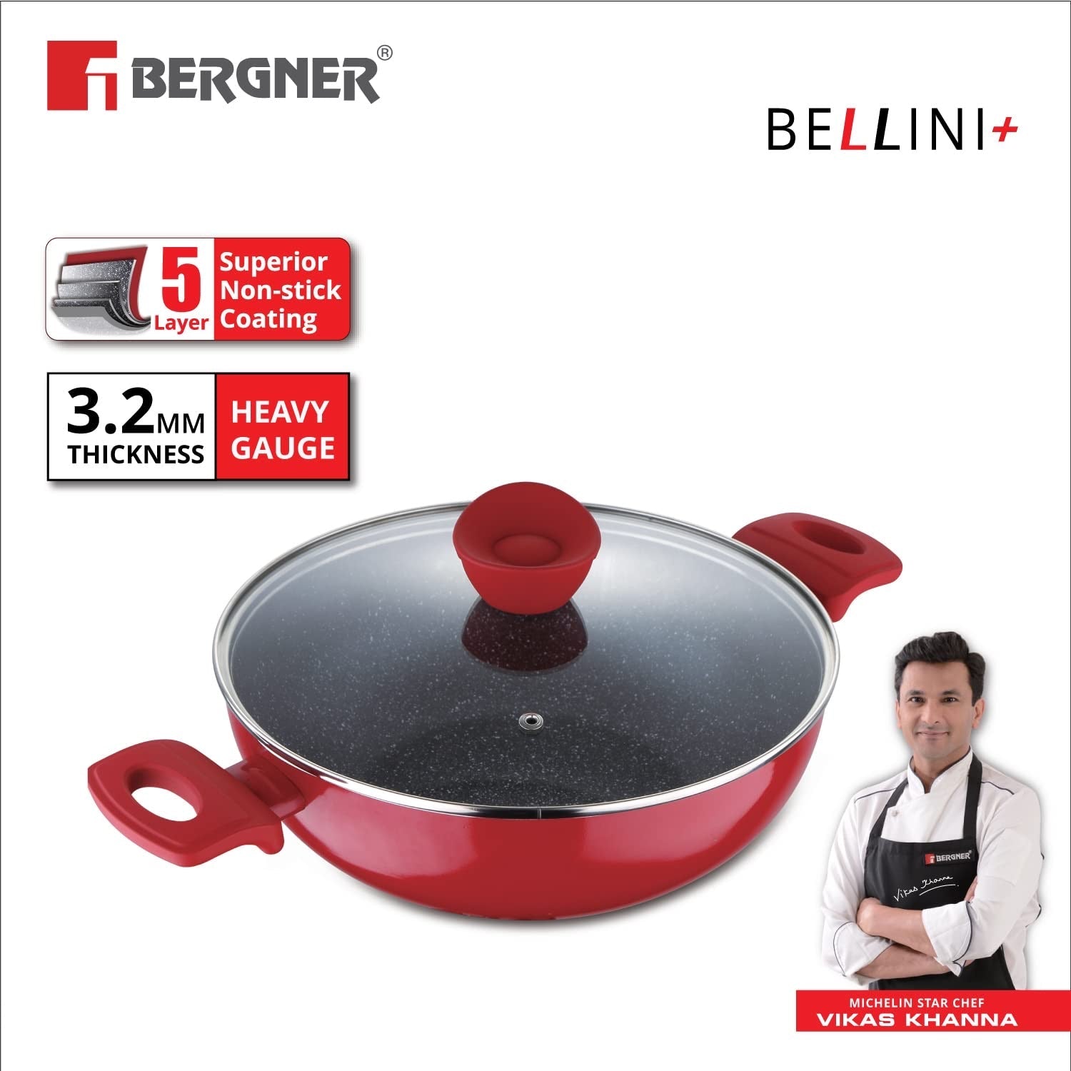 Bergner Bellini Plus 5-Layer Non-Stick Kadai with Glass Lid, Thickness 3.2mm - Induction Bottom