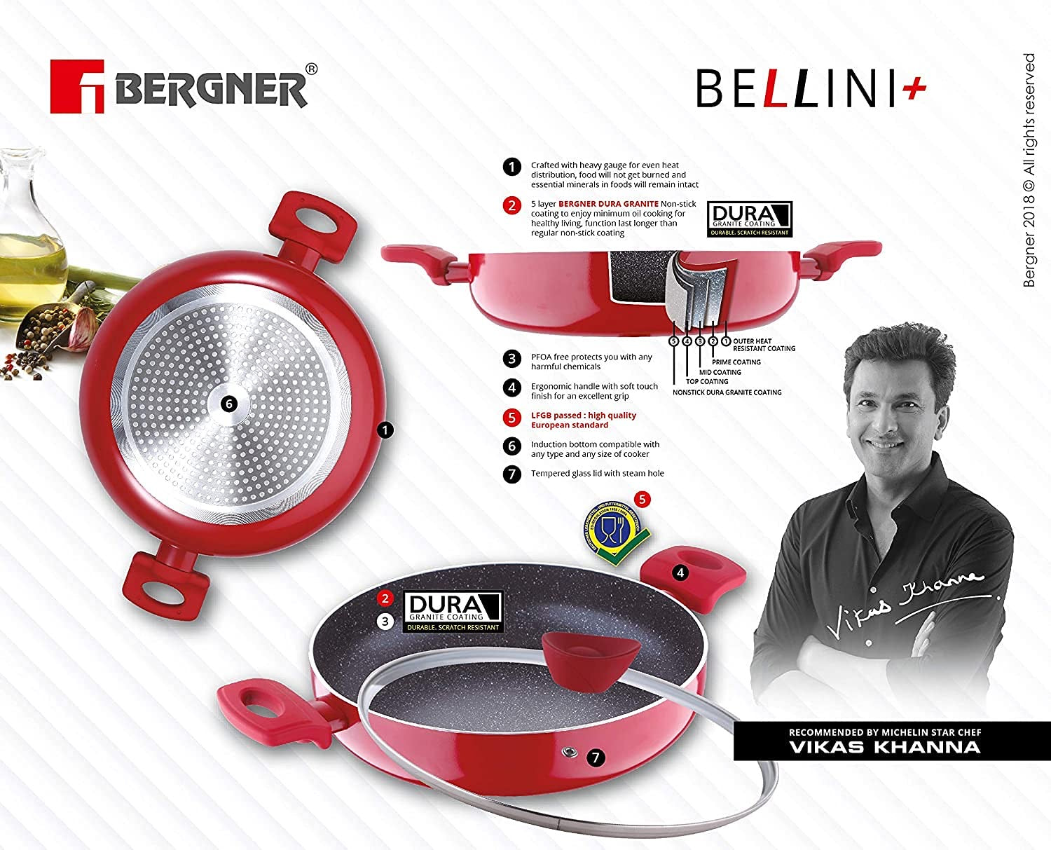 Bergner Bellini Plus 5-Layer Non-Stick Kadai with Glass Lid, Thickness 3.2mm - Induction Bottom