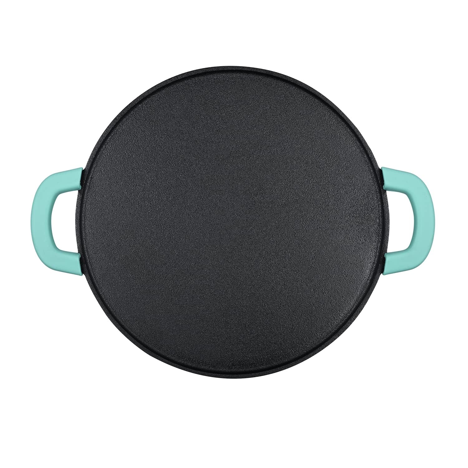 Bergner Elements Pre-Seasoned Cast Iron 30 cm Flat Dosa Tawa, Comes with Silicon Handle Sleeves - Induction Bottom (Teal)