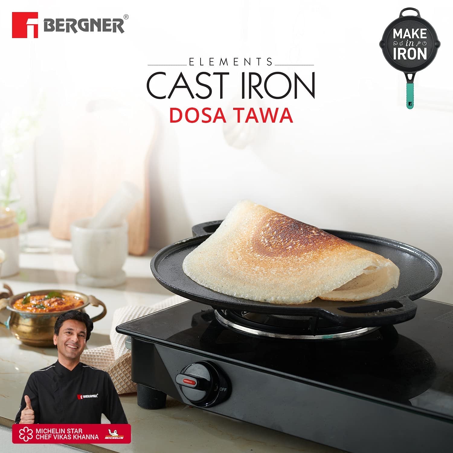 Bergner Elements Pre-Seasoned Cast Iron 30 cm Flat Dosa Tawa, Comes with Silicon Handle Sleeves - Induction Bottom (Teal)