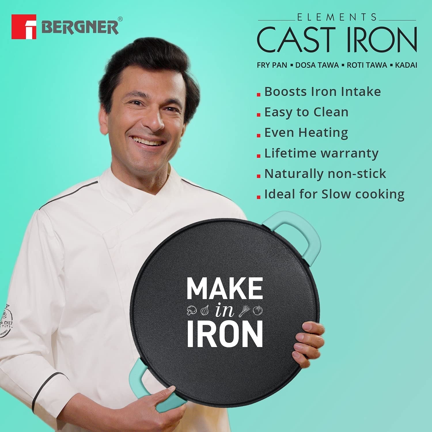 Bergner Elements Pre-Seasoned Cast Iron 30 cm Flat Dosa Tawa, Comes with Silicon Handle Sleeves - Induction Bottom (Teal)