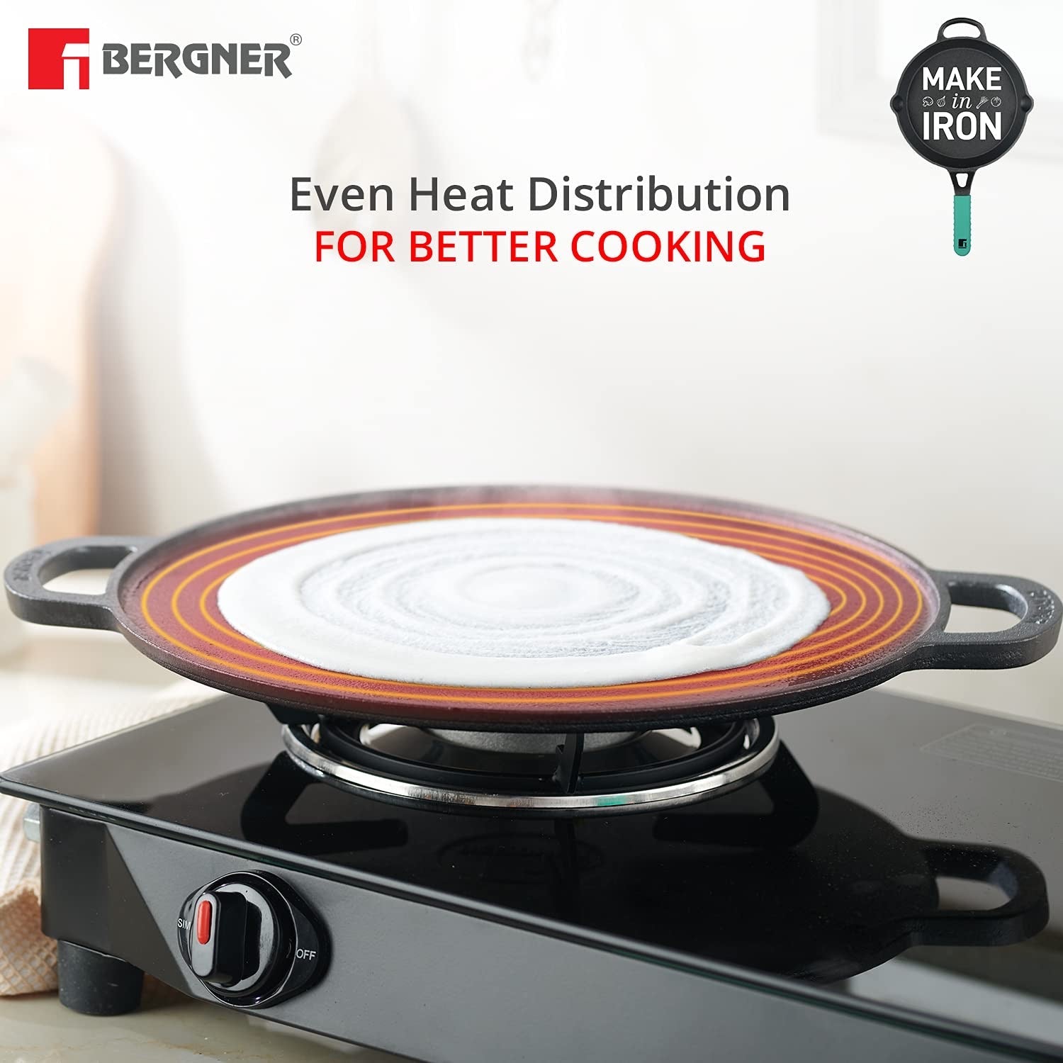 Bergner Elements Pre-Seasoned Cast Iron 30 cm Flat Dosa Tawa, Comes with Silicon Handle Sleeves - Induction Bottom (Teal)