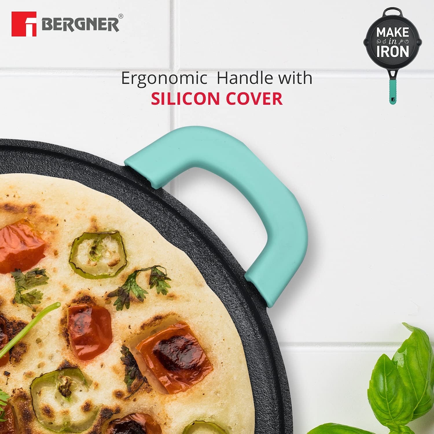 Bergner Elements Pre-Seasoned Cast Iron 30 cm Flat Dosa Tawa, Comes with Silicon Handle Sleeves - Induction Bottom (Teal)