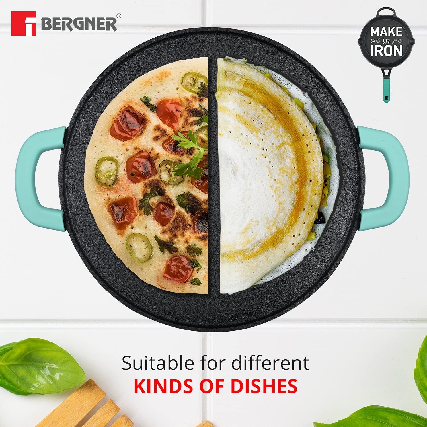 Bergner Elements Pre-Seasoned Cast Iron 30 cm Flat Dosa Tawa, Comes with Silicon Handle Sleeves - Induction Bottom (Teal)