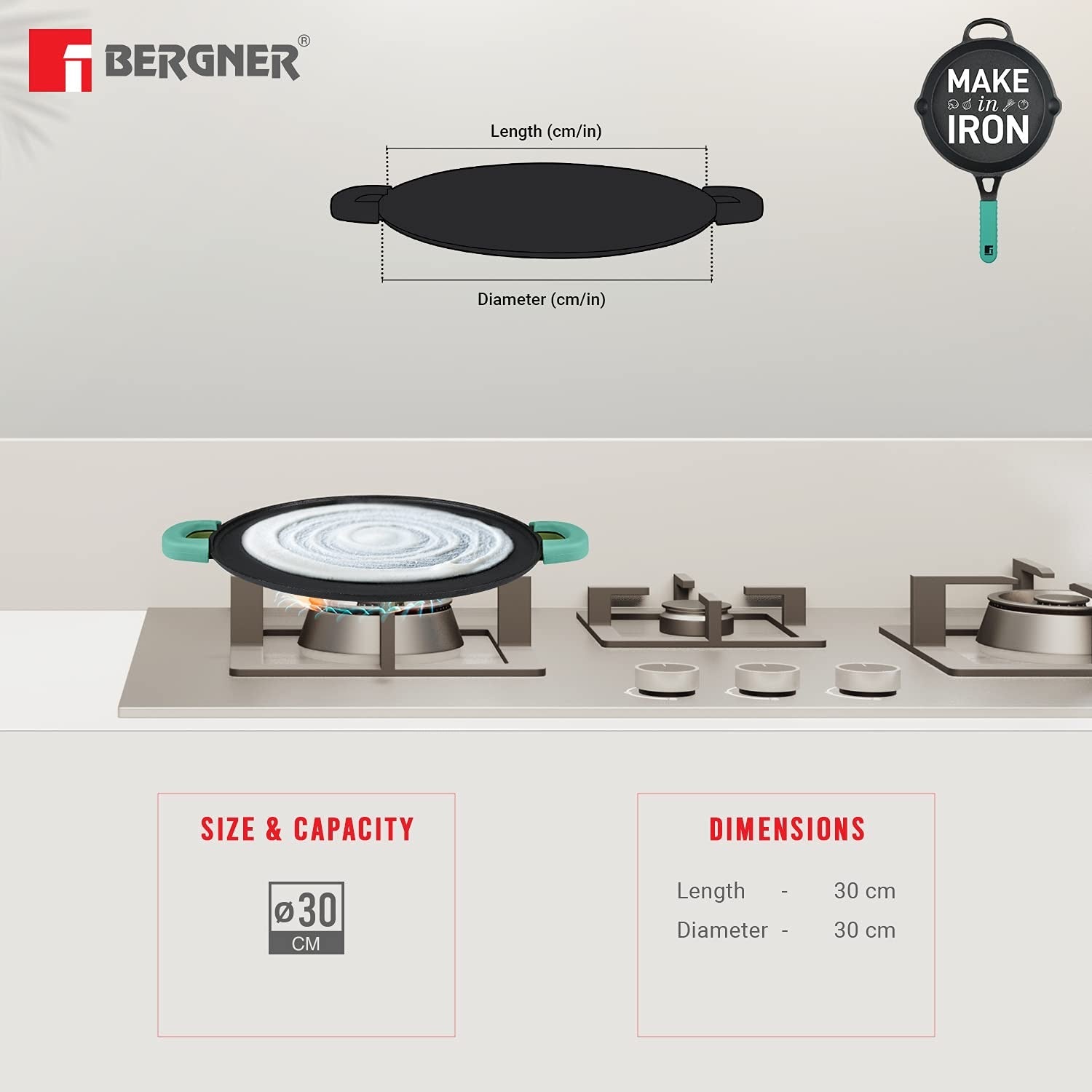 Bergner Elements Pre-Seasoned Cast Iron 30 cm Flat Dosa Tawa, Comes with Silicon Handle Sleeves - Induction Bottom (Teal)