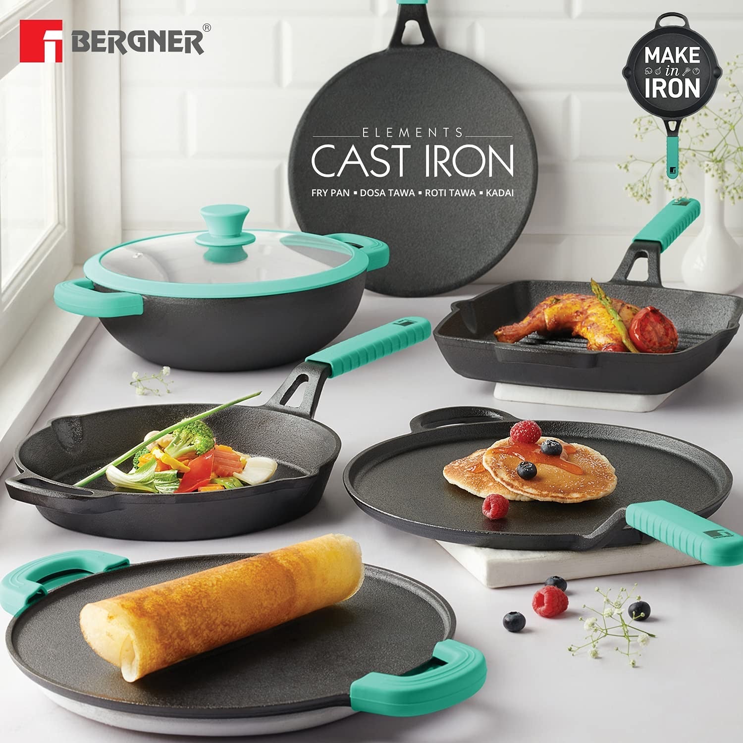 Bergner Elements Pre-Seasoned Cast Iron 30 cm Flat Dosa Tawa, Comes with Silicon Handle Sleeves - Induction Bottom (Teal)