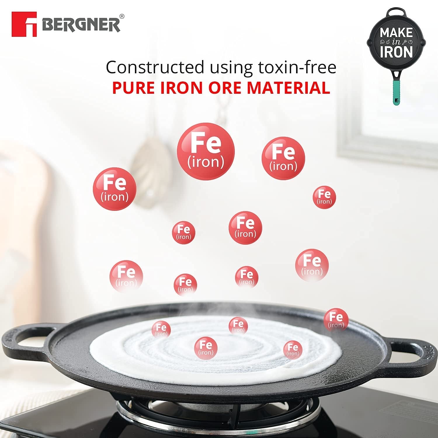 Bergner Elements Pre-Seasoned Cast Iron 30 cm Flat Dosa Tawa, Comes with Silicon Handle Sleeves - Induction Bottom (Teal)