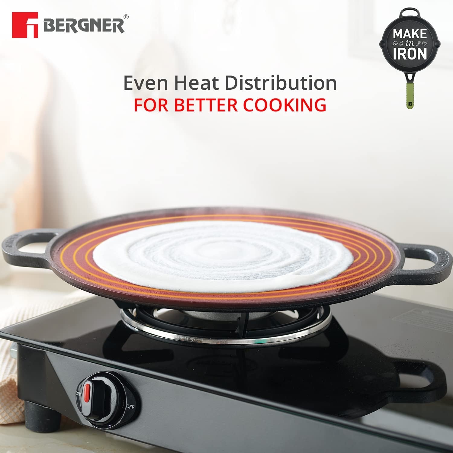 Bergner Elements Pre-Seasoned Cast Iron 30 cm Flat Dosa Tawa, Comes with Silicon Handle Sleeves - Induction Bottom (Olive Green)