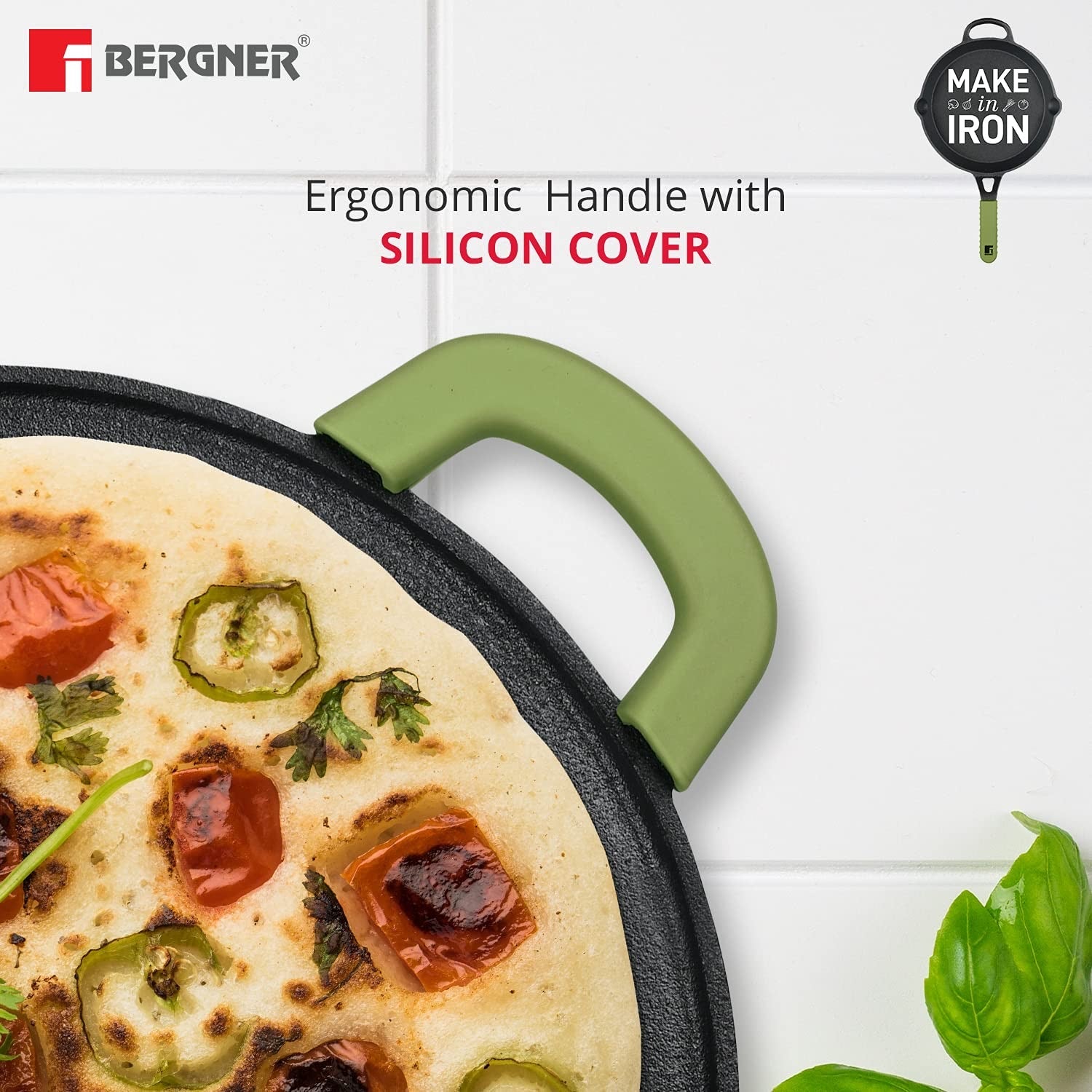 Bergner Elements Pre-Seasoned Cast Iron 30 cm Flat Dosa Tawa, Comes with Silicon Handle Sleeves - Induction Bottom (Olive Green)