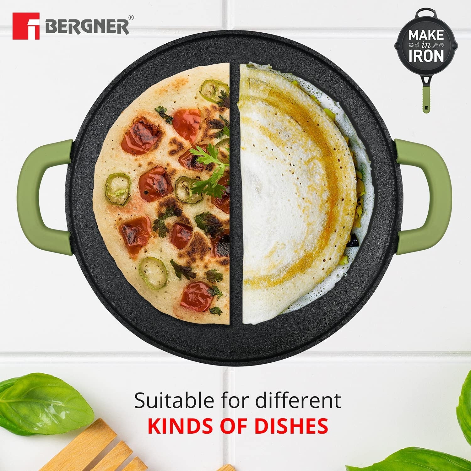 Bergner Elements Pre-Seasoned Cast Iron 30 cm Flat Dosa Tawa, Comes with Silicon Handle Sleeves - Induction Bottom (Olive Green)