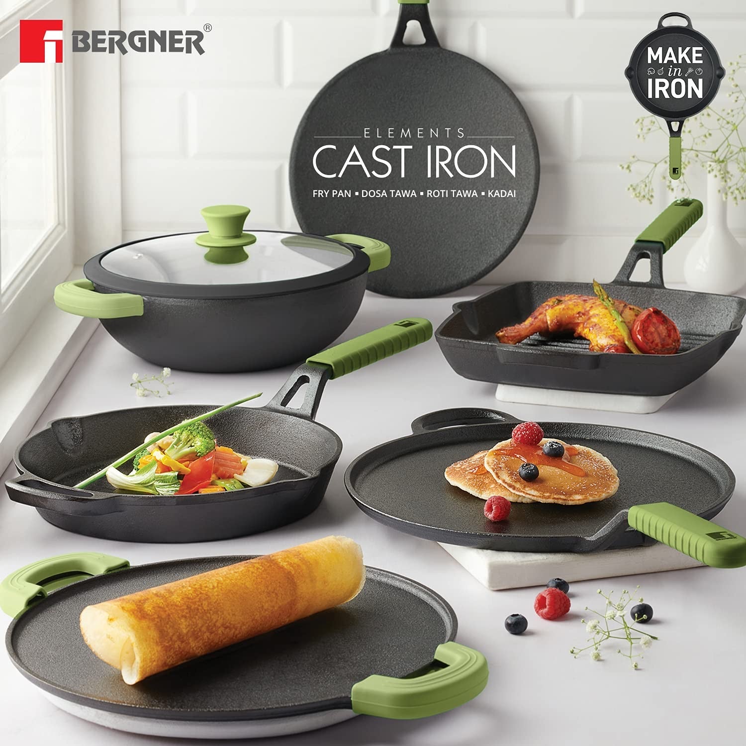 Bergner Elements Pre-Seasoned Cast Iron 30 cm Flat Dosa Tawa, Comes with Silicon Handle Sleeves - Induction Bottom (Olive Green)