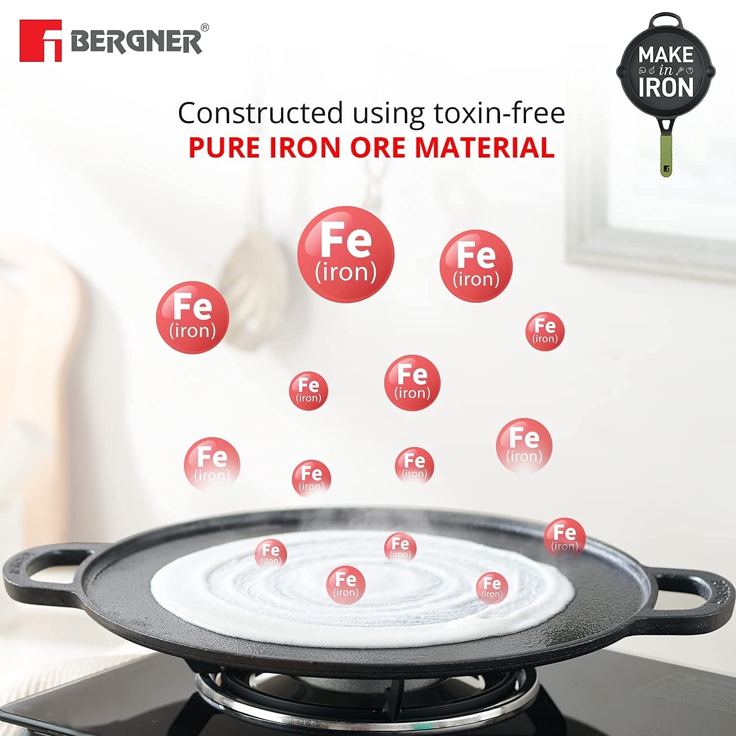 Bergner Elements Pre-Seasoned Cast Iron 30 cm Flat Dosa Tawa, Comes with Silicon Handle Sleeves - Induction Bottom (Olive Green)