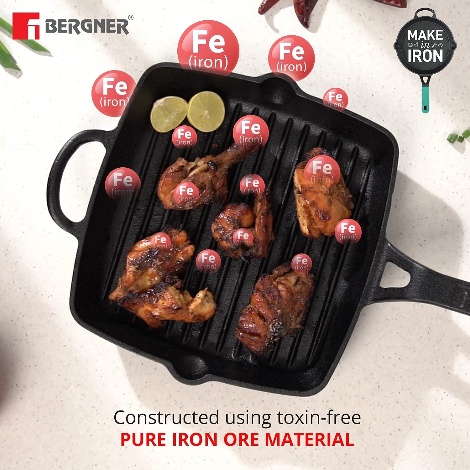 Bergner Elements Pre-Seasoned Cast Iron 27 cm Grill Pan, Comes with Silicon Handle Sleeves - Induction Bottom (Teal)