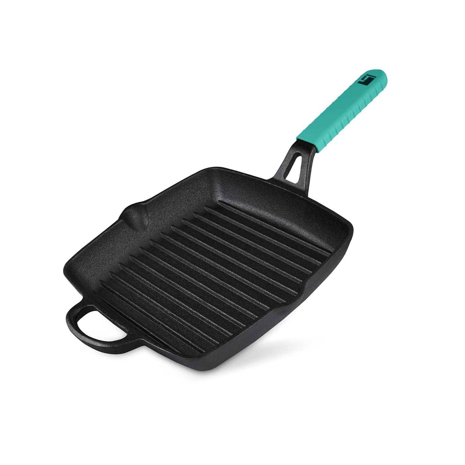 Bergner Elements Pre-Seasoned Cast Iron 27 cm Grill Pan, Comes with Silicon Handle Sleeves - Induction Bottom (Teal)